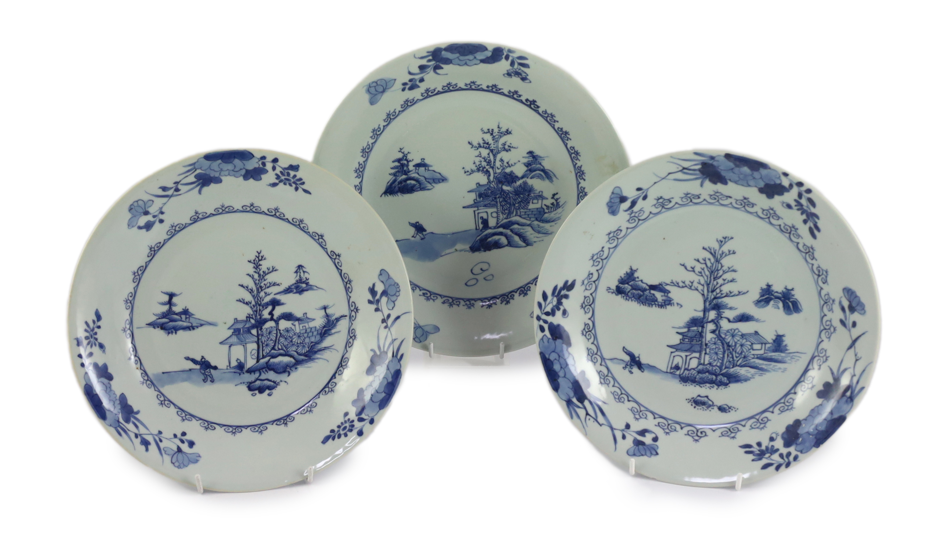 Three Chinese blue and white ‘Leaping Boy’ middle size dishes, Nanking Cargo, c.1750